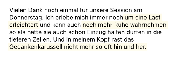 Feedback einer Klientin von Sung-Hi Leem:In einem Kopf rast das Gedankenkarussell nicht mehr so oft hin und her